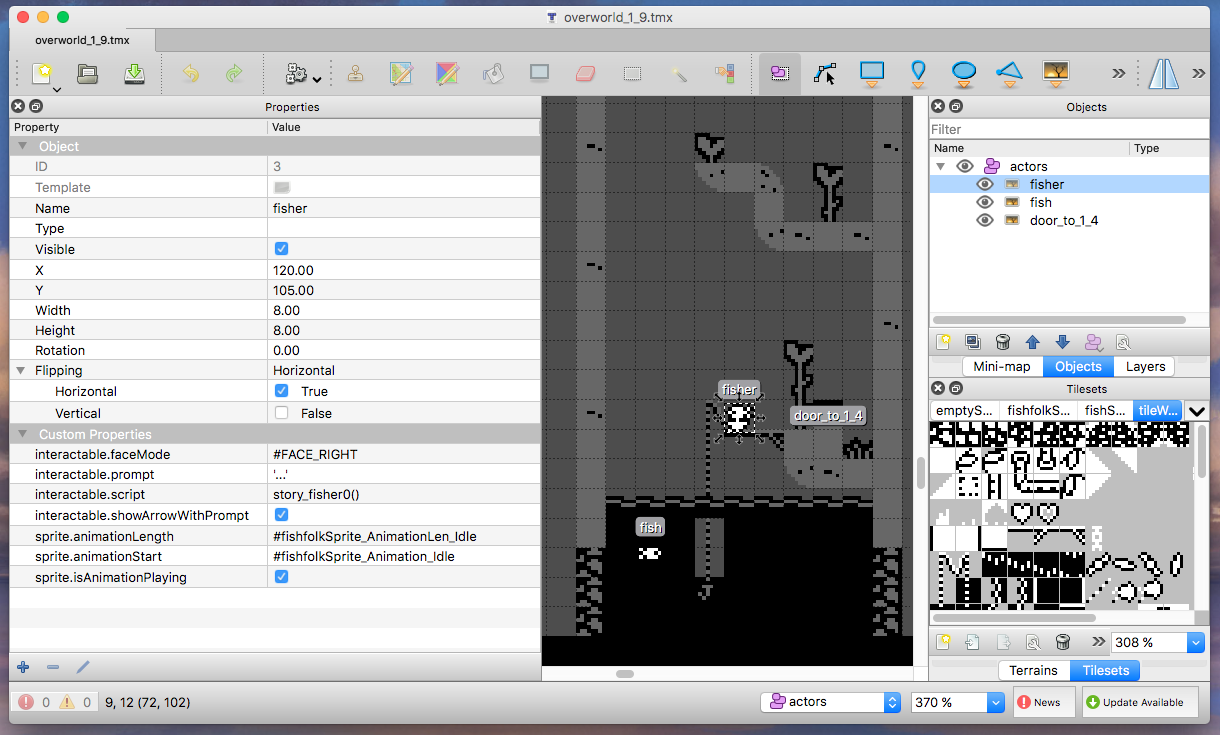 This is map where the passage is used open in Tiled, with the fisher NPC selected. You can see the JavaScript that triggers the dialogue in the custom properties panel on the bottom left of the window.